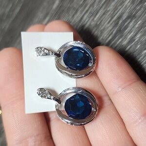 💙Silver Plated  Deep Sapphire Blue Stud Drop Style Earrings 4A CZ Crystal